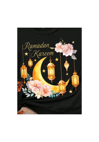 Stil X Ramazan Bayramı Baskılı Kız Çocuk Tshirt, %100 Pamuklu Kumaş Siyah