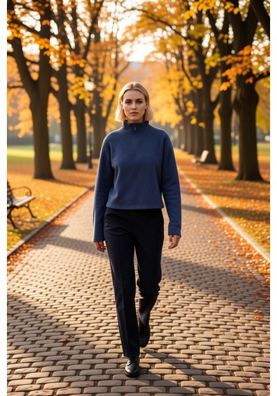 Benerly Kadın Dik Yaka Düşük Kol Fermuarlı Regular Kalıp Örme Sweatshirt Indigo