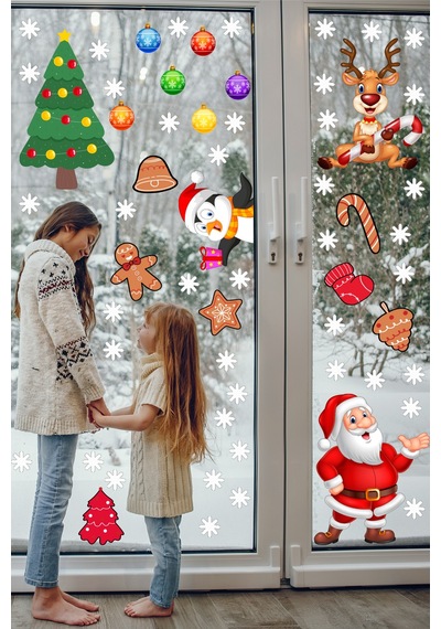 Yılbaşı Sticker Noel Baba Penguen Geyik Yılbaşı Ağacı ve Kar Taneleri