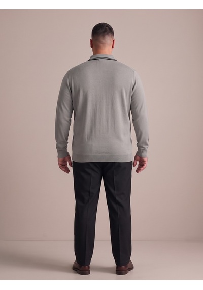 Maccali Erkek Gri Büyük Beden Gizli Fermuarlı Polo Yaka Triko Sweatshirt