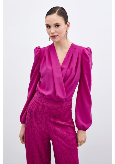 Sateen Kruvaze Vatkalı Bodysuit - Fuşya