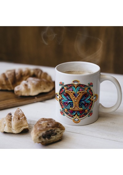 Y Harfi Boho Bardak, Renkli Özel Tasarım Hediyelik Harfli Kupa, 330ml Porselen Beyaz