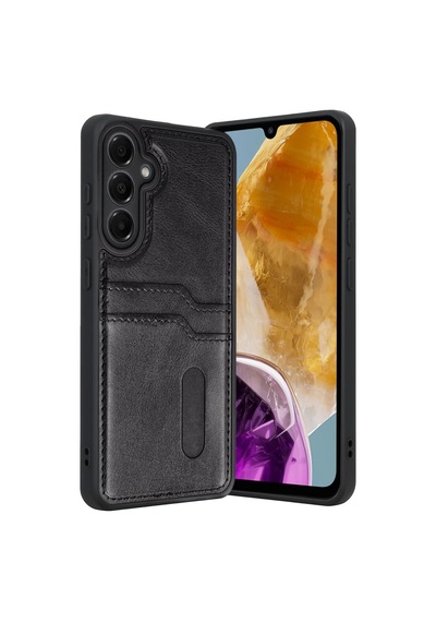 Samsung Galaxy M15 Sara Kartvizitli Deri Kılıf - Siyah renkli