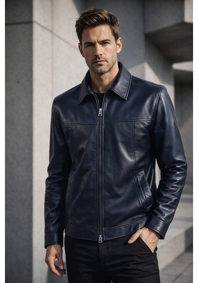 Viamod Leather Erkek Hakiki Deri Ceket Lacivert Premium Slim Fit Klasik Model Gerçek Deri Mont Üretici Garantili Koyu Lacivert