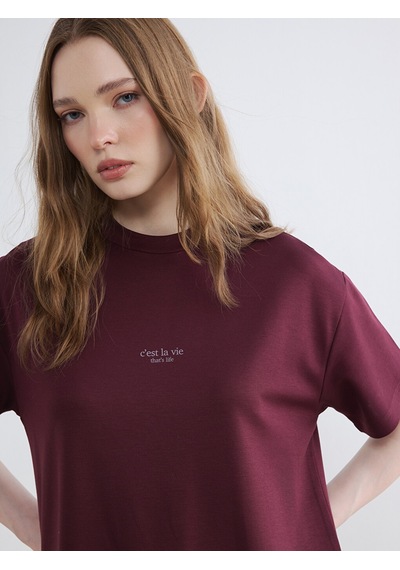 Lcw Modest Mürdüm Baskılı Soft Touch Kadın Tişört
