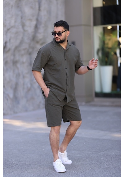 Koyu Haki Renk Gömlek Şort Erkek Keten Takım Oversize Kalıp