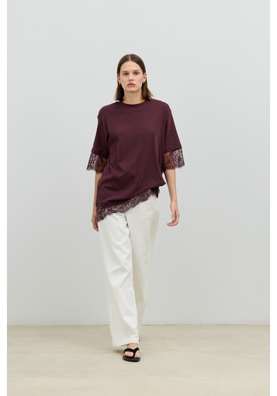 Antioch Dantel Detaylı Kadın T-shirt Bordo