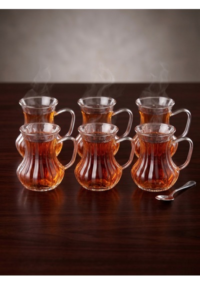 Lüks Detaylı Kulplu Cam Çay Bardağı Seti 6 Kişilik 150 Ml Beyaz