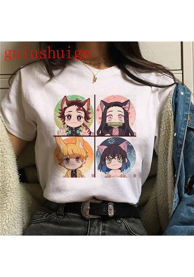 Noıssey Kırmızı Etiket Galashop Kimetsu No Yaiba Komik Karikatür T-shirt Mod79 17953 Beyaz