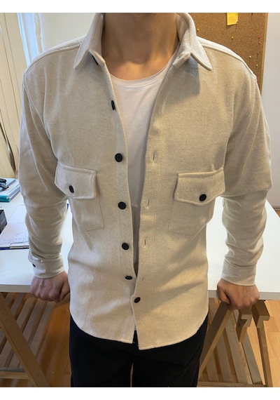 Kırık Beyaz Erkek Slim Fit Düğmeli Yaka Çift Cepli Düz Oduncu Gömlek Beyaz