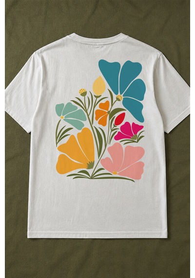 Spoyi Pastel Flora Tasarımlı %100 Pamuk Yarım Oversize Beyaz T-shirt