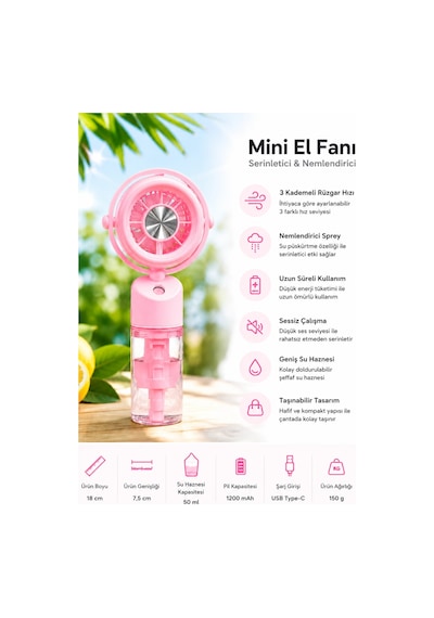 Glr K09 Pembe Şarjlı Sulu Mini Vantilatör 3 Kademeli Taşınabilir El Fanı, Nemlendiricili Buharlı Fa