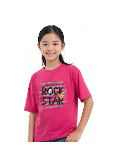 Panios Kids Little Rock Baskılı Kız Çocuk Kısa Kollu T-shirt Fuşya