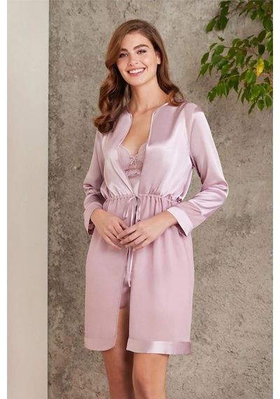 Pierre Cardin 7035 Kadın Rose Gelin Set 4'lü Saten Sabahlık Gecelik Şortlu Takım Rose