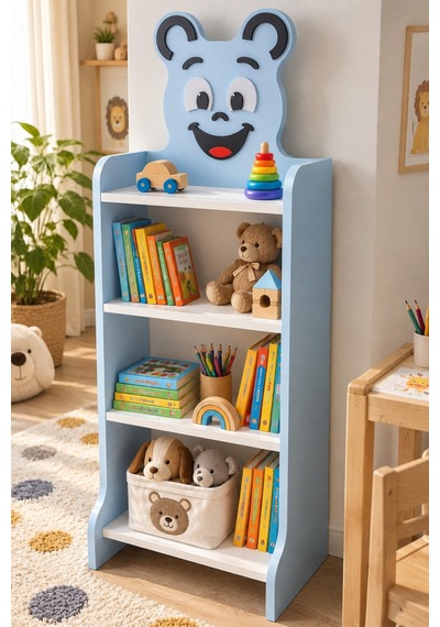 Sulorahome Mavi Figürlü 4 Raflı Çocuk Kitaplığı Ve Oyuncak Düzenleyici Bebek Mavisi
