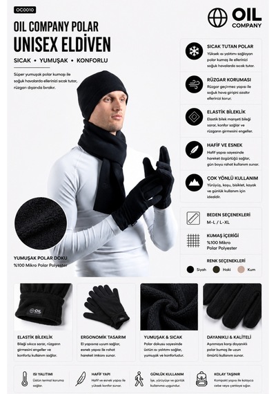 Oıl Company Rüzgar Geçirmez Dayanıklı Termal Polar Eldiven Black