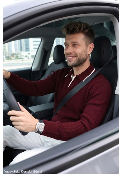 Kamalı Erkek Oversize Selanik Örgü Polo Yaka Triko Kazak Bordo