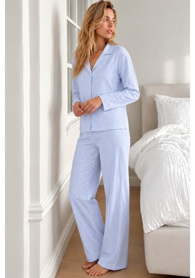 Kadın Gömlek Yaka Uzun Kollu Mavi Pijama Takımı