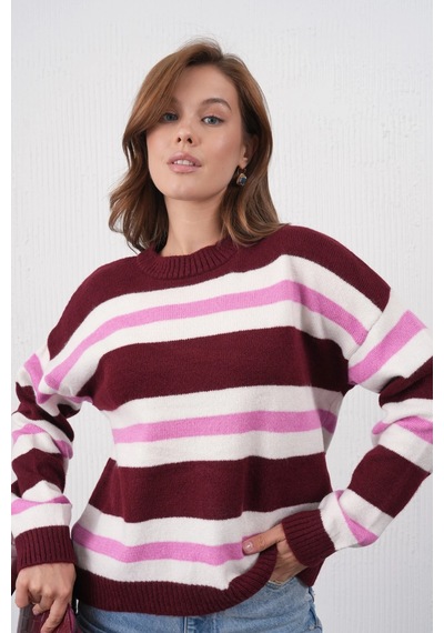 Park Karon Kadın Kemik Bisiklet Yaka Çizgili Oversize Triko Kazak 8655sw Bordo