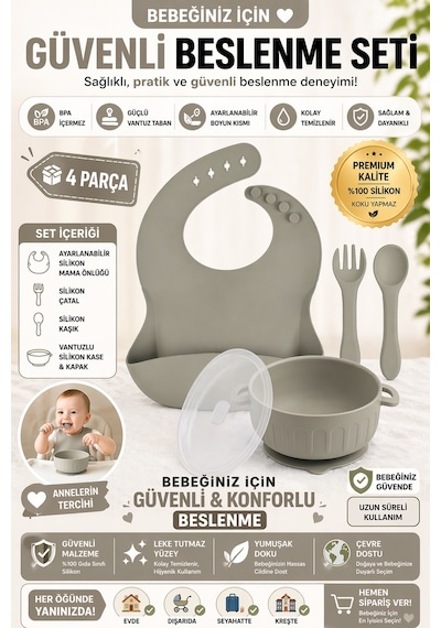 Silikon Beslenme Seti Silikon Vakumlu Kapaklı Mama Kasesi , Silikon Önlük, Çatal Ve Kaşık / Gri