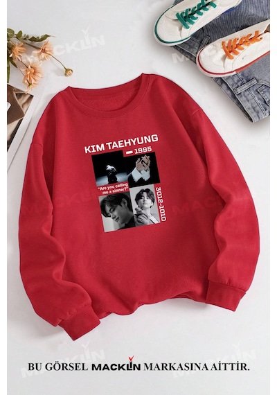 Macklin Unisex Kadın Erkek Kim Taehyung Bts Özel Tasarım Baskılı Bisiklet Yaka Sweatshirt Kırmızı Mck1370 Kırmızı