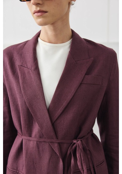 Molene Mürdüm Biye Kemerli Keten Blazer