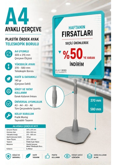 A4 Ayaklı Fiyat Etiketlik Teleskopik Borulu Çerçeve Etiketlik Yönlendirme Levhası Menü Panosu Turkuaz