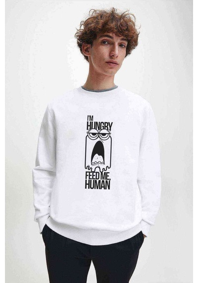 I'M Hungry Baskılı Beyaz Erkek Örme Sweatshirt