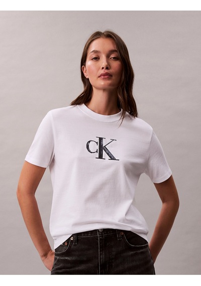 Calvin Klein Kısa Kollu Payetli Ck Grafikli Kadın Beyaz T-shirt Lv044e215g-yaa Beyaz