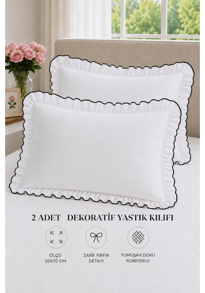 2 Li Pamuklu Fırfırlı Yastık Kılıfı 50x70 Beyaz - Siyah