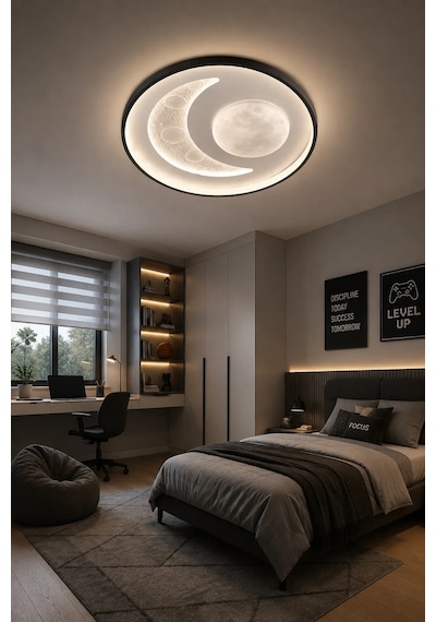 Modern Premium Ay Ve Dolunay Desenli Modern Tavan Armatürü Led Beyaz Işık Dekoratif Şık Avize
