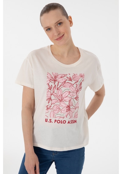 U.S. Polo Assn. Kadın Krem Desenli Bisiklet Yaka Tişört 50299765-VR071