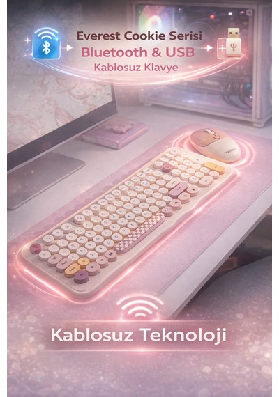 Everest Km-6287 Cookie Fildişi Kablosuz 2.4g + Bt Q Klavye + Mouse Set Optik