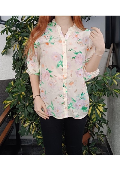 Kadın Kaçık Yaka Çiçekli/çiçek Desenli Poplin Bluz/gömlek 2276 Krem