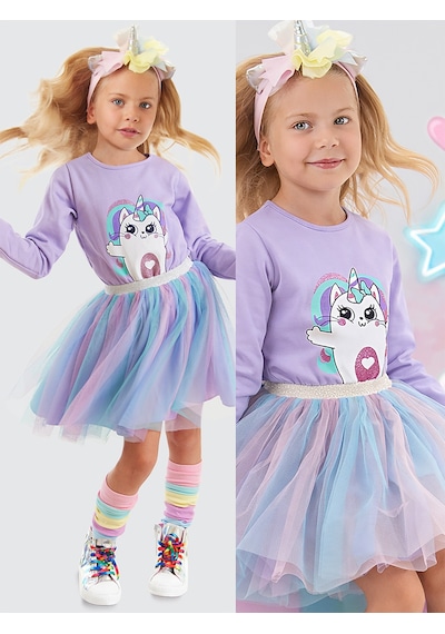 Kız Çocuk Kışlık Unicorn ve Kedi Desenli Tüllü Mor Uzun Kollu Elbise 2-8 Yaş