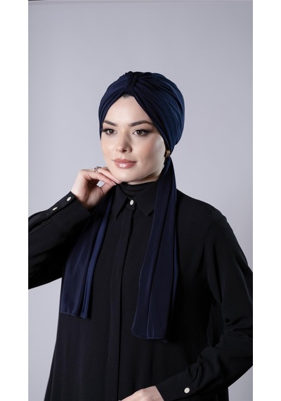 Hürrem Bone Lacivert Pratik Hazır Geçmeli Tesettür Bone Sandy Kumaş Atkılı 2204 02 Lacivert