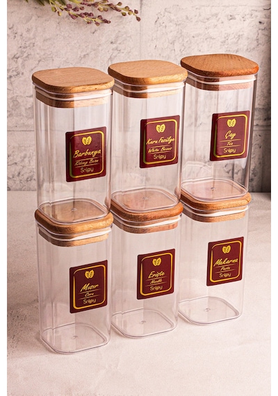 Snippy Boxy - 6'lı Ahşap Vakumlu Kapaklı Etiketli Baharatlık Takımı 350 Ml - Erzak Saklama Kabı Seti Ahşap