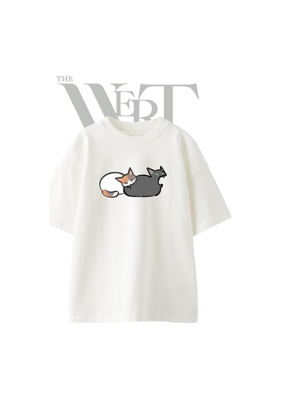 Thewert Kedi Cizim Tasarım Baskılı Ünisex Beyaz Oversize T-shirt