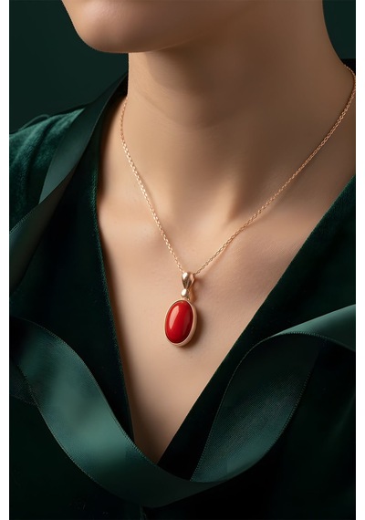 Mercan Taşlı El İşi Minimal Model Gümüş Kolye Rose Rengi Gümüş