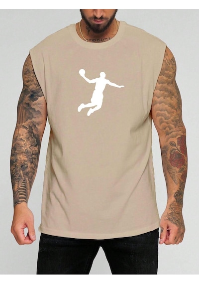 Basketbol Karakter Baskılı Kolsuz Tişört Bej