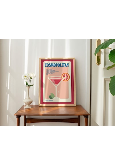 Cosmo Alkol Posteri, Minimalist Kozmopolit, Mutfak Bar Dekoru, Kırmızı Kokteyl Posteri