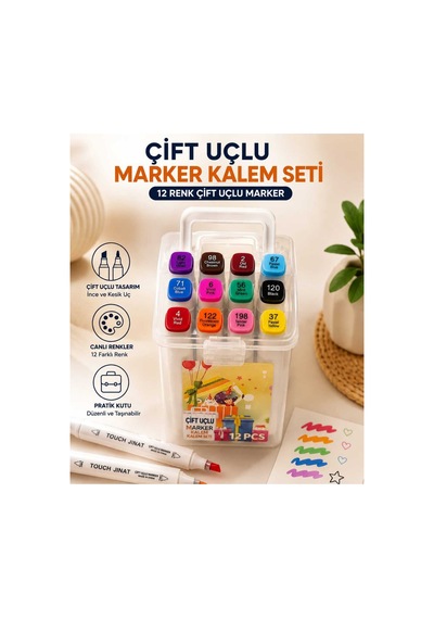 12 Renk Çift Uçlu Marker Kalem Seti Çok Renkli