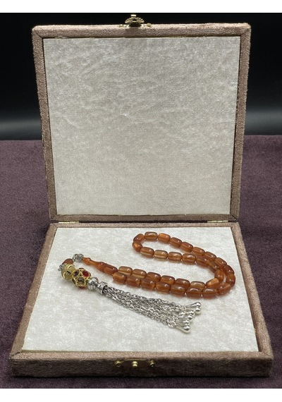Gold Renkli Ve Taşlı Alpaka Aksamlı Sedef Simli Ateş Kehribar Tesbih Tarçın, 7x11 Mm Kırmızı