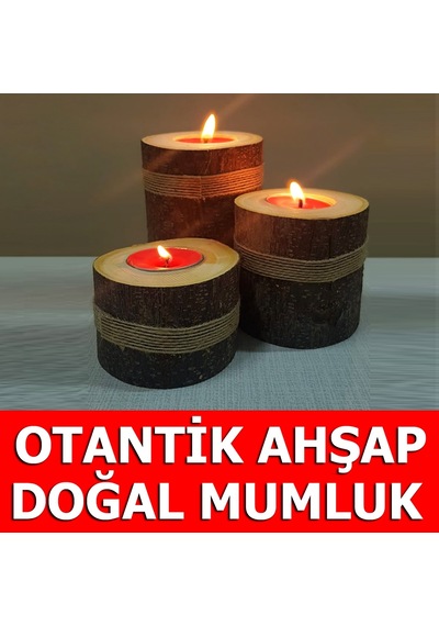 Bundera 3'lü Mum Ahşap Doğal Kütük Mumluk Söz Nişan Nikah