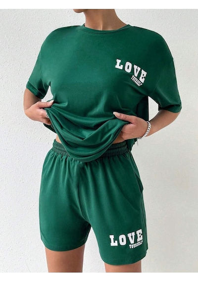 Love Yourself T-shirt Şort - Yeşil Alt Üst Kombin Şort Tişört Takım Baskılı Oversize Bisiklet Yaka Yeşil