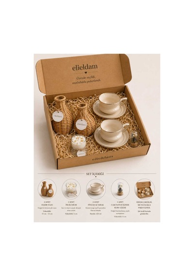 Yeni Ev, Doğum Günü, Sevgiliye Hediye, Özel Gün İçin Doğal Dokunuşlu Hasır Vazo, Mini Soya Wax Mum Ve 2li Fincan Hediye Seti
