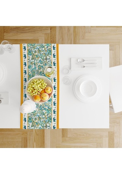 Blue Elephant Runner 140x45cm Mavi Fil Modeli Ince Keten, Uluslararası Yıkama Ve Solmama Sertifikası Çok Renkli