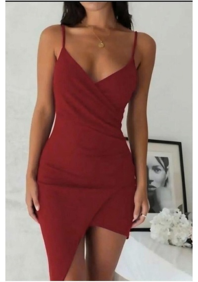 Store Krep Yaka Mini Elbise Kumaş Askılı Kruvaze Bordo - 935896416 Bordo