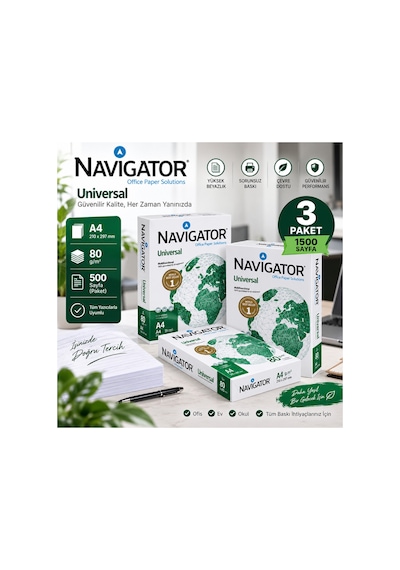 Navigator A4 Fotokopi Kağıdı 80 Gr 3 Paket 1500 Yaprak Yazıcı Ve Fotokopi Uyumlu