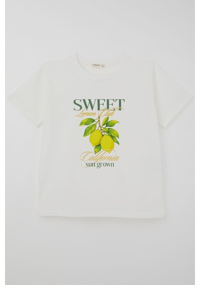 Breeze Kız Çocuk Kısa Kollu Tişört Limon Baskılı 9-14 Yaş , Ekru